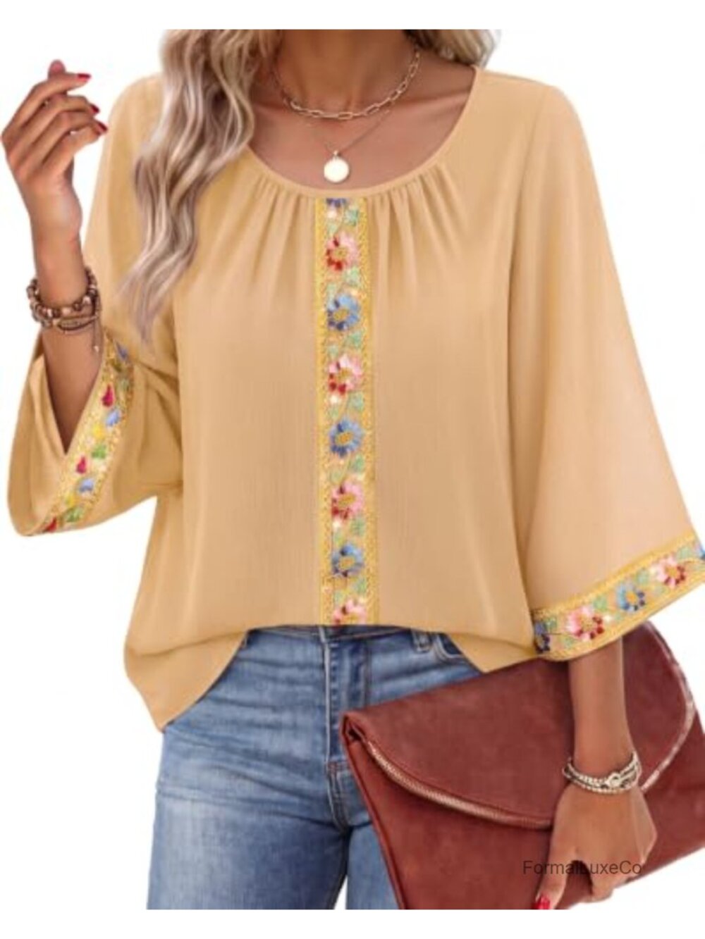Embroidered 3/4 Bell Sleeve Chiffon Blouse Crew Neck Layered Top